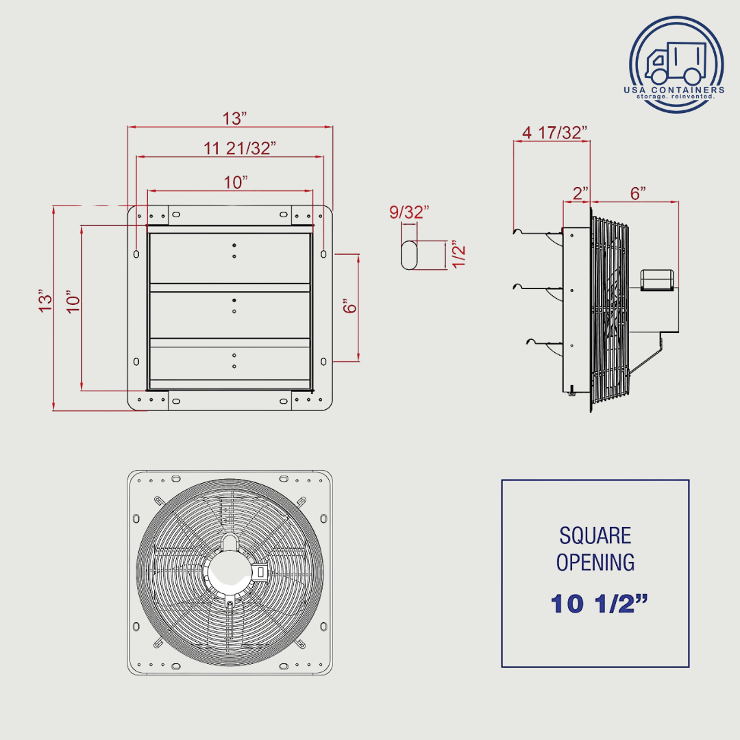 Shipping Container 10" Wall Mounted Exhaust Fan, Silver (power and thermostat available) - USA Containers