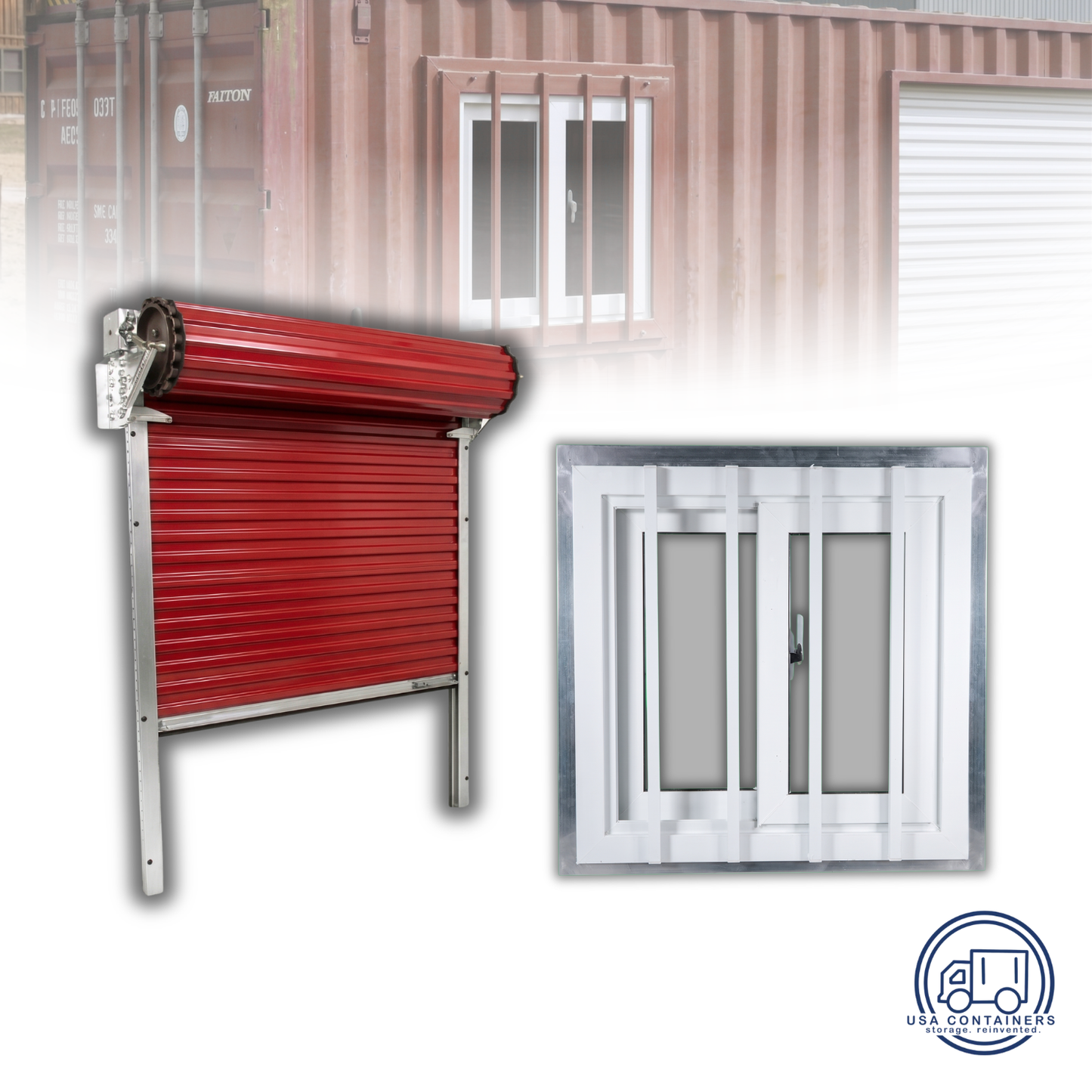 Red roll-up door option paired with a secured shipping container window