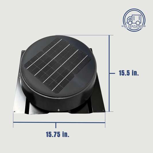 Metal solar roof vent with form-fit flashing for a Conex container