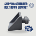 Container bolt-down bracket that anchors a container to concrete or asphalt