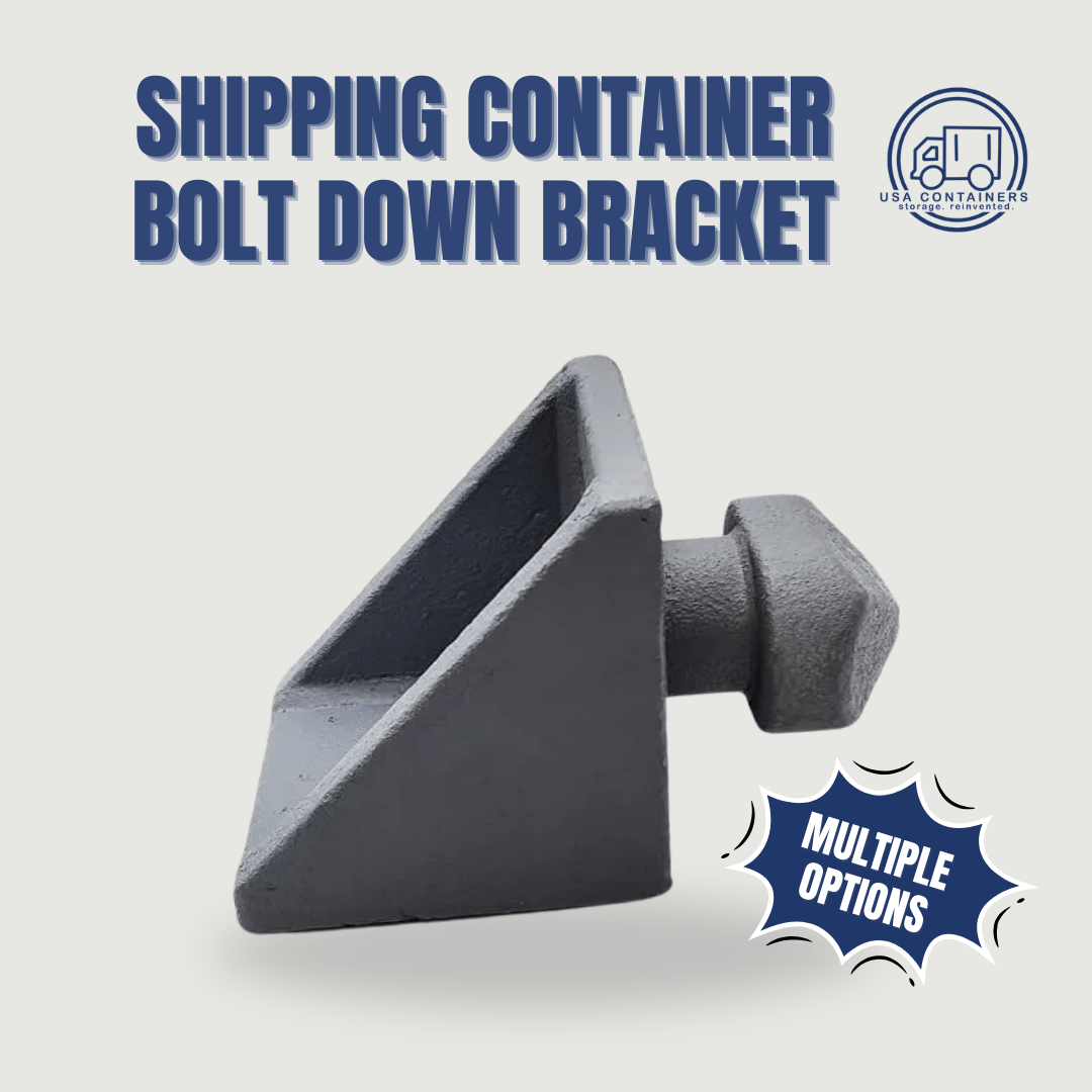 Container bolt-down bracket that anchors a container to concrete or asphalt