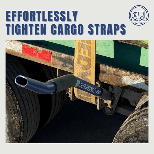 Heavy-duty leverage bar with ergonomic grip tightening cargo straps on a trailer for easy container door access.