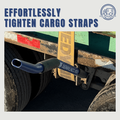 2-in-1 Leverage Bar tightening a ratchet strap on a trailer for secure cargo transport.