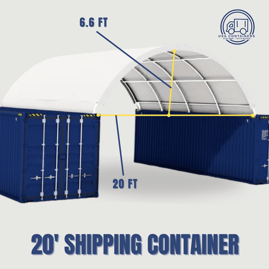 20-foot shipping container canopy roof shelter kit with white curved waterproof cover and steel frame between containers