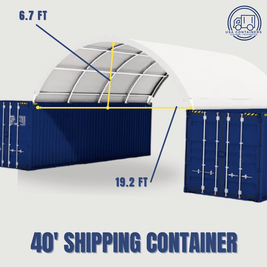 40-foot shipping container canopy roof shelter with arched white cover providing 6.7 ft height and 19.2 ft width span.