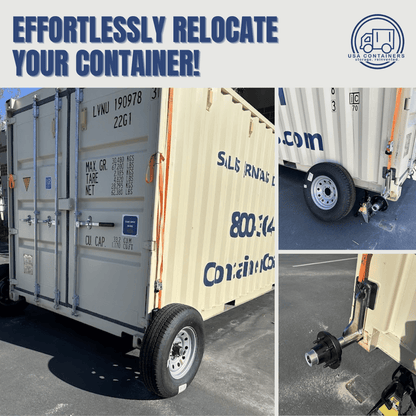 Shipping container equipped with easy wheel movement kit showing wheels and mounting bracket for relocation.