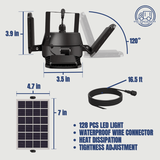 Bright solar shop light for lighting a shipping container interior, components view