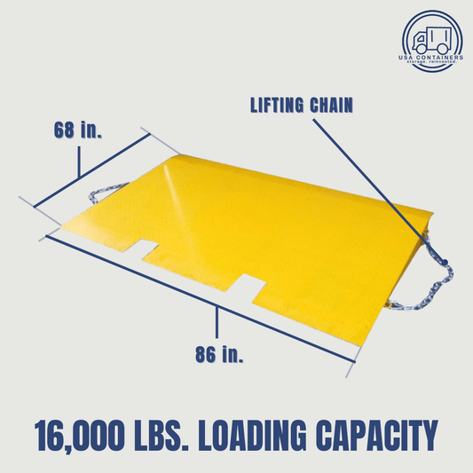 Heavy duty steel forklift ramp with lifting chains, 68 by 86 inches, 16,000 lbs capacity for shipping containers.