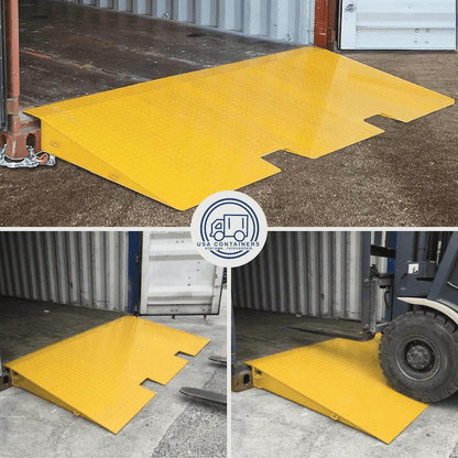Yellow heavy-duty steel forklift ramp for smooth loading and unloading of shipping containers with 16,000 lbs capacity
