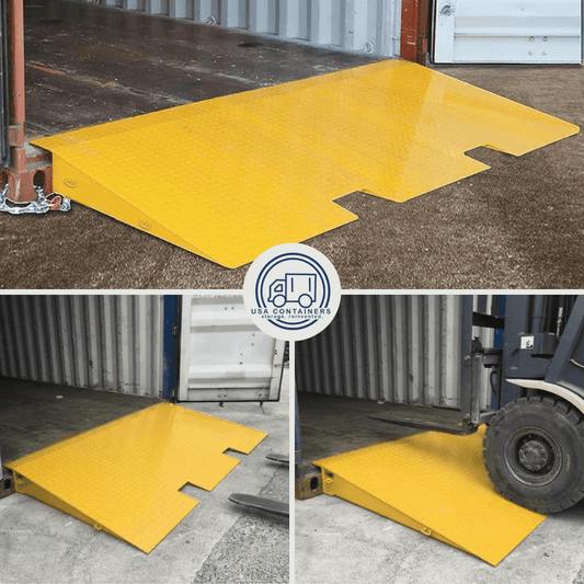 Yellow heavy-duty steel forklift ramp for smooth loading and unloading of shipping containers with 16,000 lbs capacity