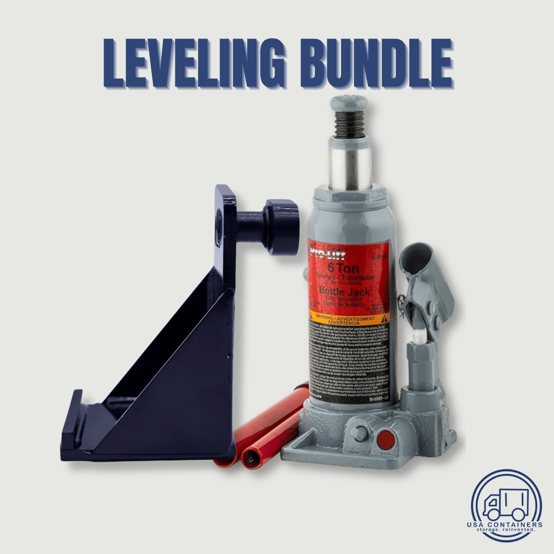 Shipping container lift and level bundle with a lifting bracket and 6-ton bottle jack