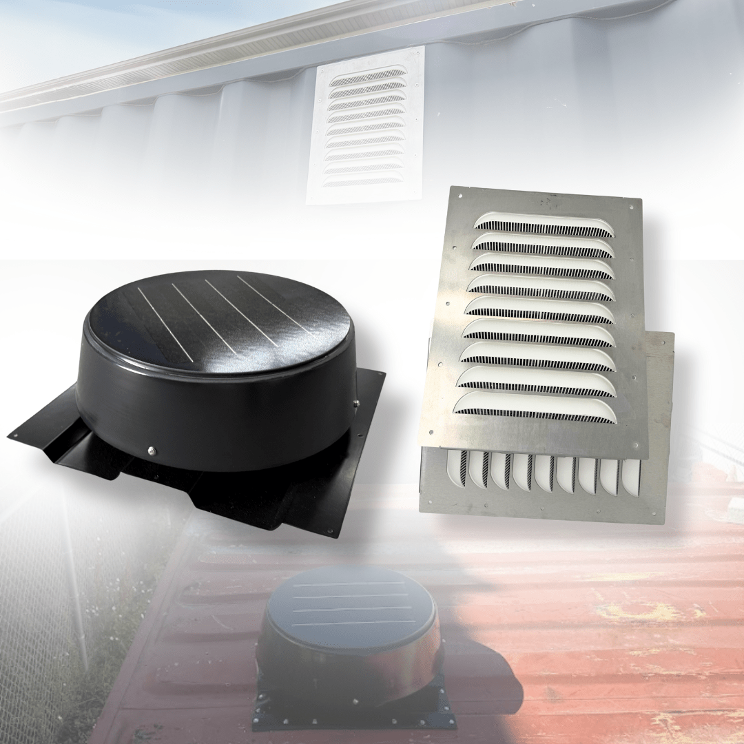Ultimate Ventilation Bundle – Rectangular Louvered Side Vents (2 - Pack) + 10W Solar Roof Vent - USA Containers