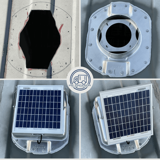 Solar container roof vent fitted to the corrugated roof to clear heat and moisture, angle view