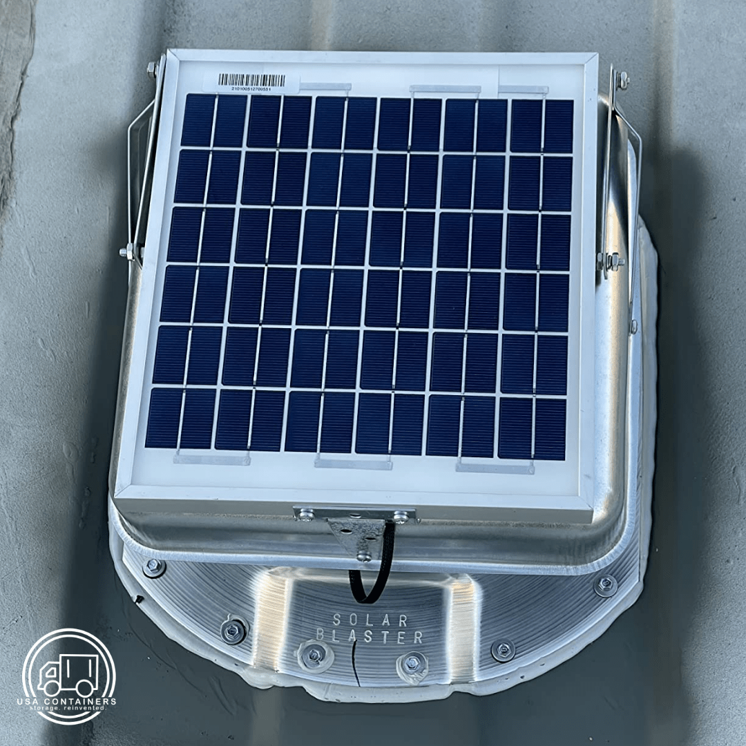 Metal solar roof vent with form-fit flashing for a Conex container
