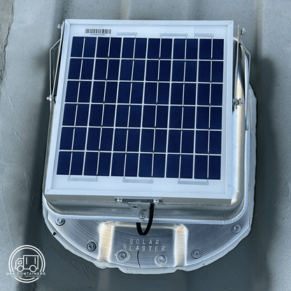 Metal solar roof vent with form-fit flashing for a Conex container