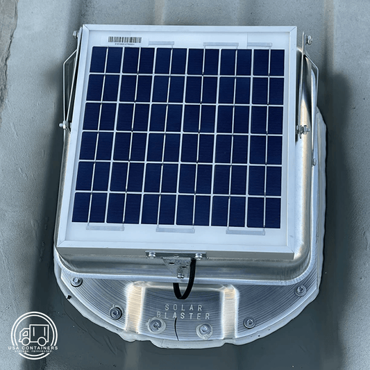 Metal solar roof vent with form-fit flashing for a Conex container