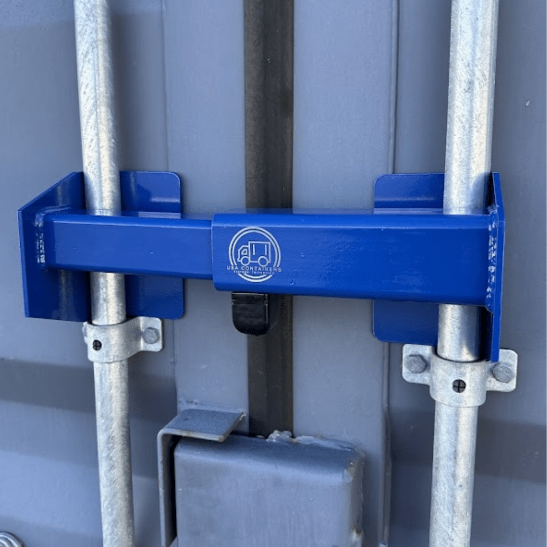 Heavy-duty door bar lock securing a shipping container's locking bars