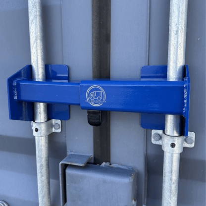 Heavy-duty door bar lock securing a shipping container's locking bars