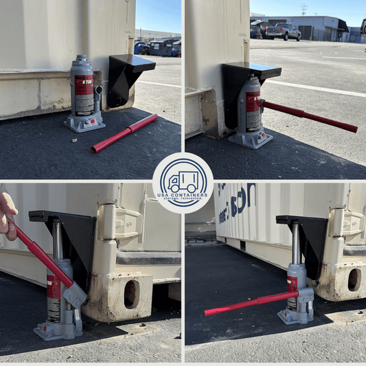 Shipping container leveling bottle jack with steel saddle and red handle lifting and leveling container corner.