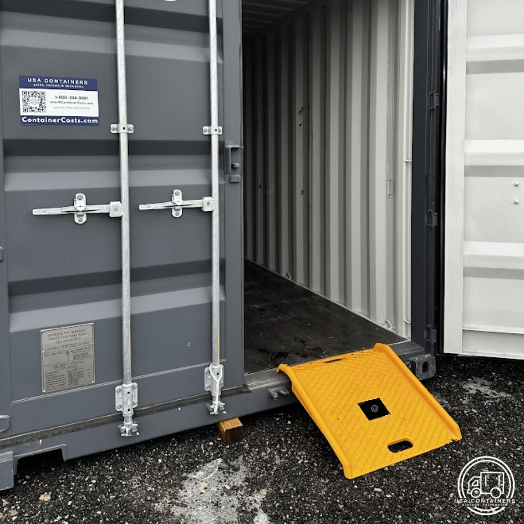 Bright yellow lightweight shipping container ramp with easy carry handles for safe loading and unloading.