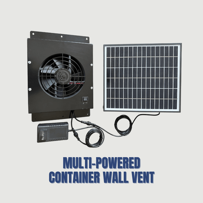 Multi-powered container wall vent fan, solar and electric, for active container airflow