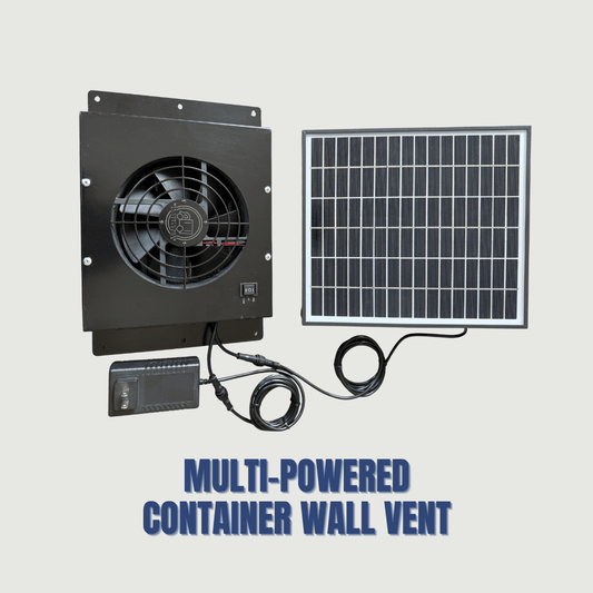 Multi-powered container wall vent fan, solar and electric, for active container airflow