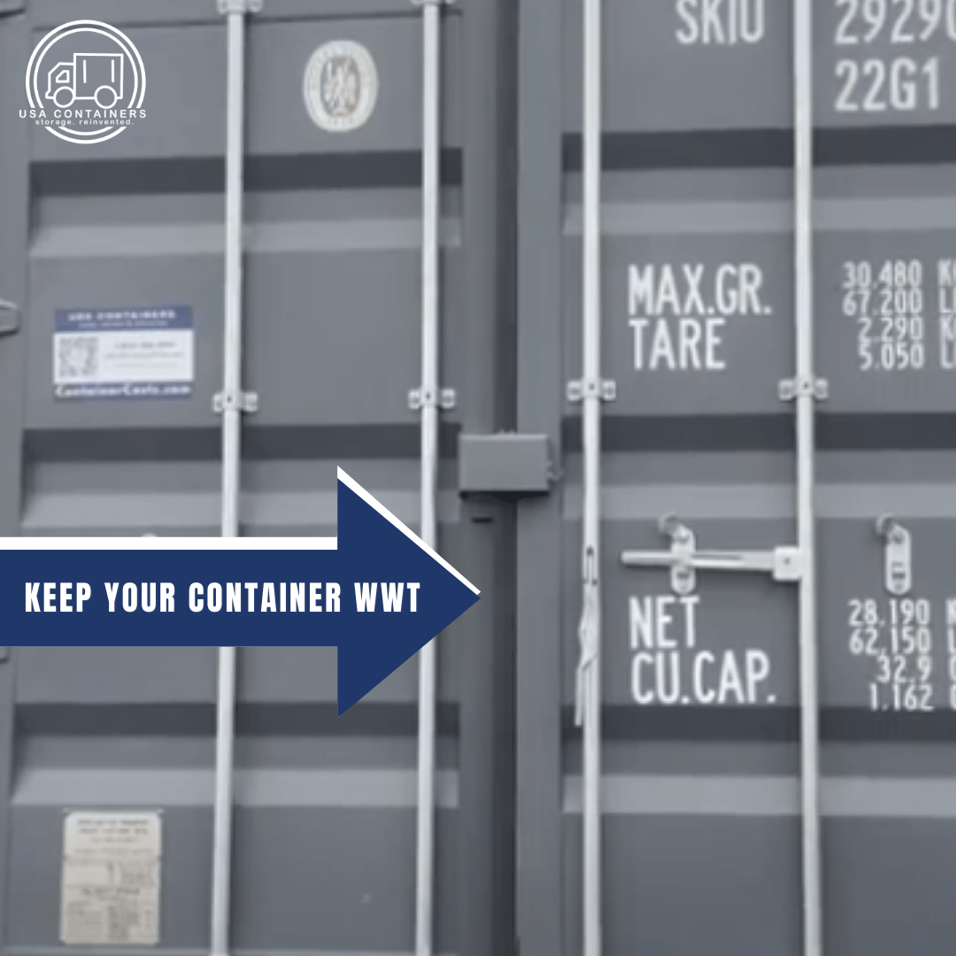 Close-up of shipping container doors highlighting the gasket with a blue arrow indicating seal protection.