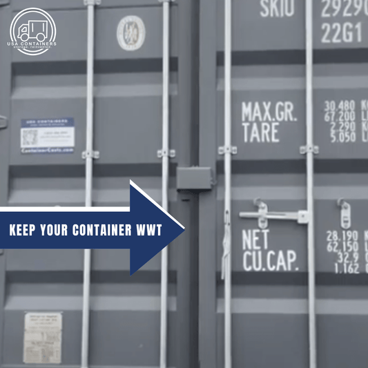 Close-up of shipping container doors highlighting the gasket with a blue arrow indicating seal protection.