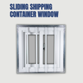 A white sliding shipping container window with a silver metal frame