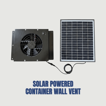 Powered shipping container wall vent fan that removes heat and moisture to stop condensation