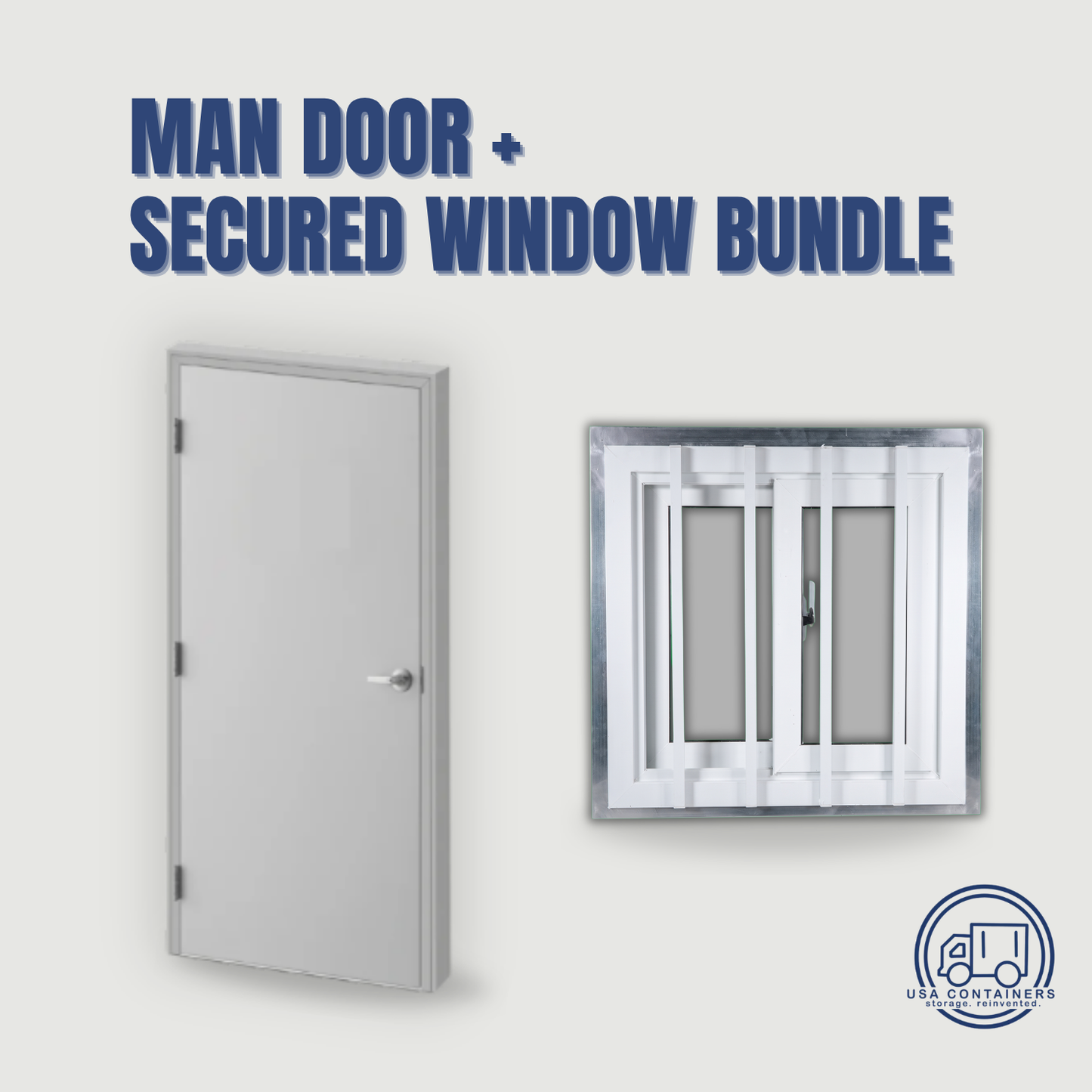 Shipping container man door and secured window bundle, white steel walk-through door with a barred window