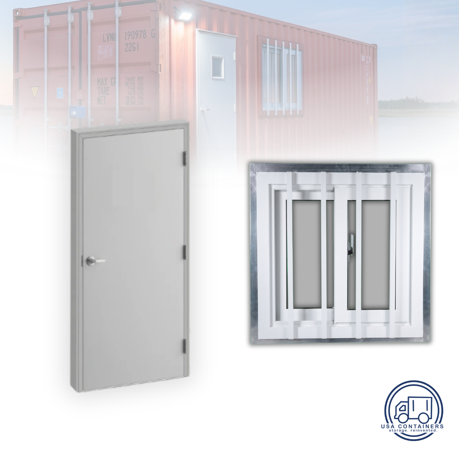 Shipping container man door and secured window shown installed together