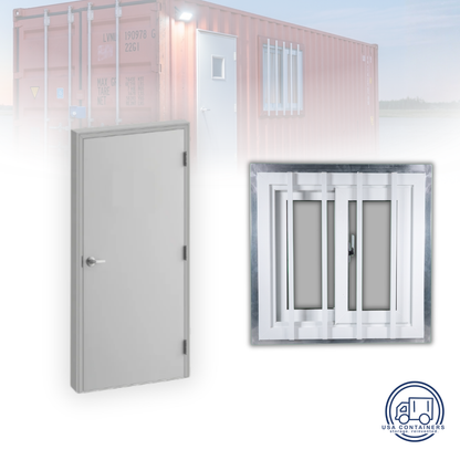Shipping container man door and secured window shown installed together
