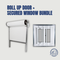 Shipping container roll-up door and secured window bundle, white steel roll-up door with a barred window