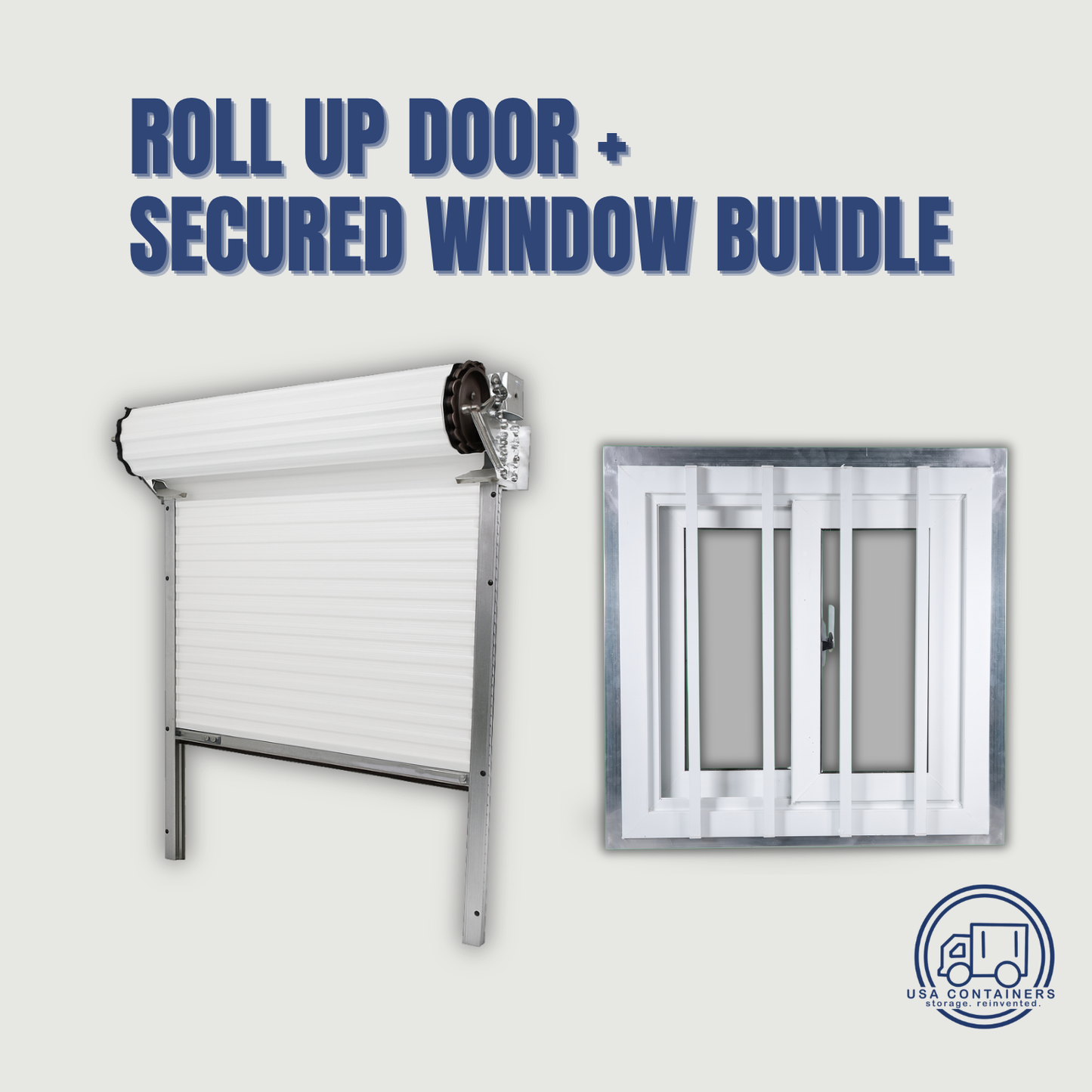 Shipping container roll-up door and secured window bundle, white steel roll-up door with a barred window