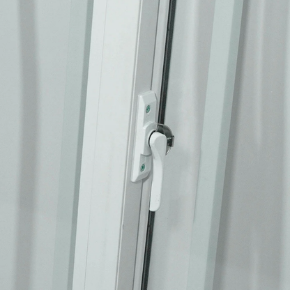 Close-up of the locking handle on a secured shipping container window