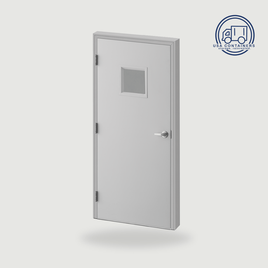 Pre-assembled shipping container man door and frame, galvannealed steel with insulated polystyrene core