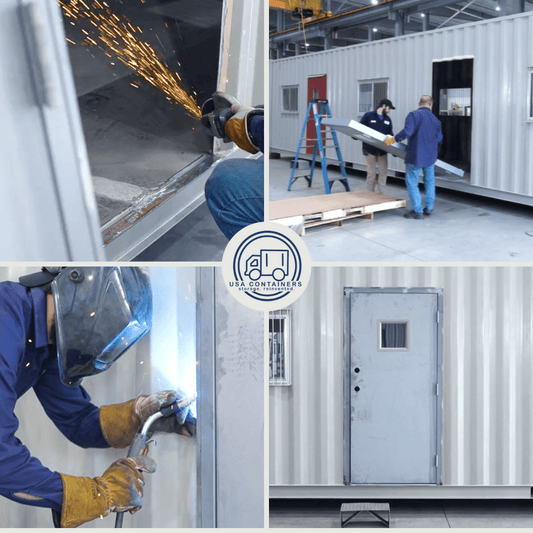 Collage showing installation of a pre-assembled shipping container man door with welding and fitting steps.