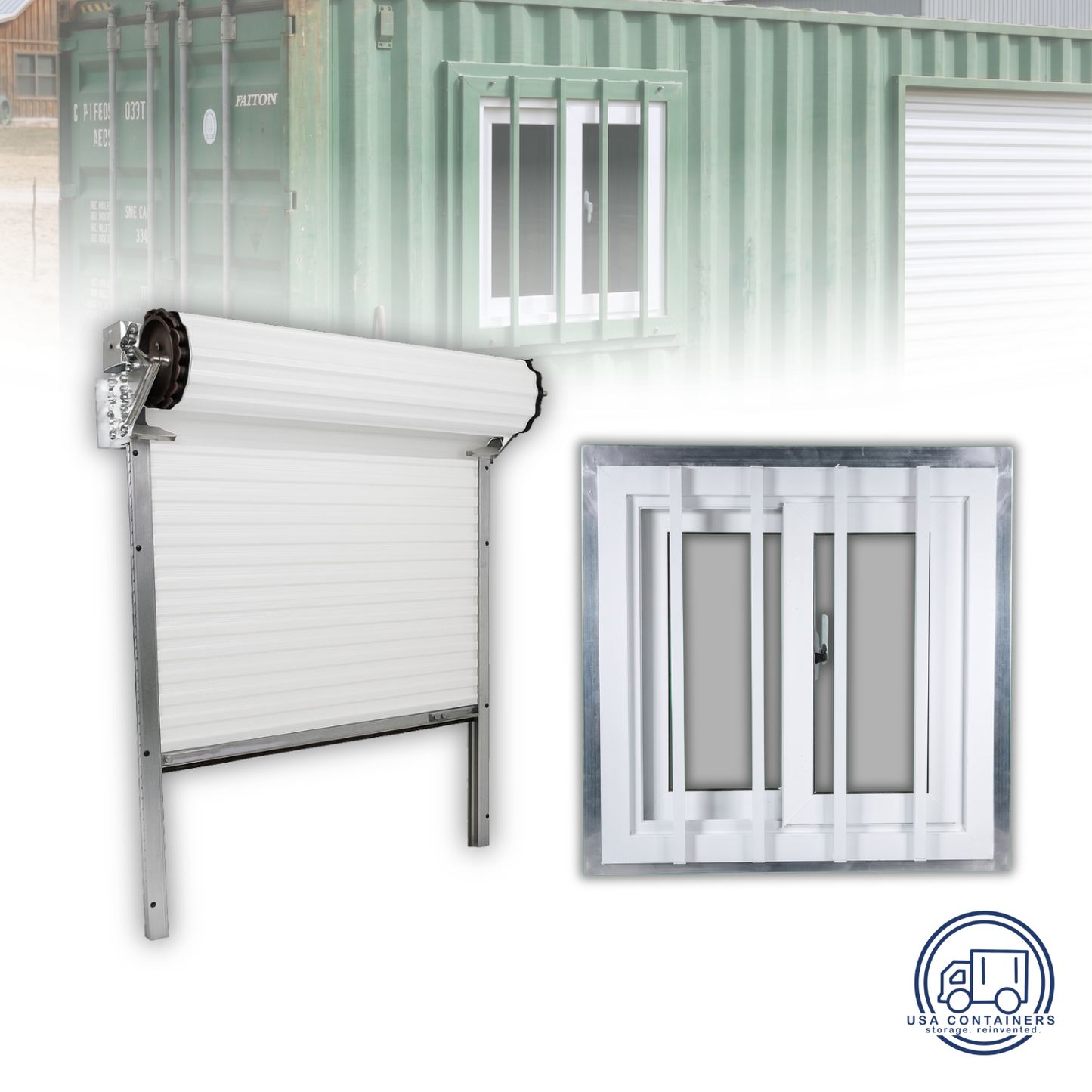 White roll-up door shown partway open beside a secured container window