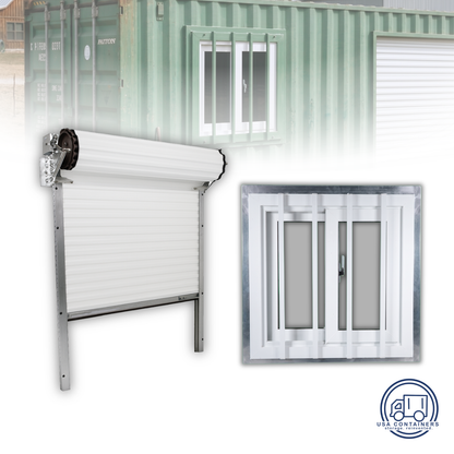 White roll-up door shown partway open beside a secured container window